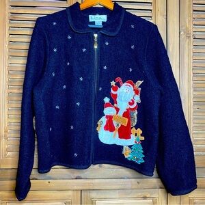 Vintage Black wool Lisa International Santa bells zip-up Christmas sweaterSZ-M